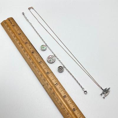 LOT 64: Sterling Jewelry - Double Sided Abalone Bracelet / Anklet with Fish Pendant Necklace