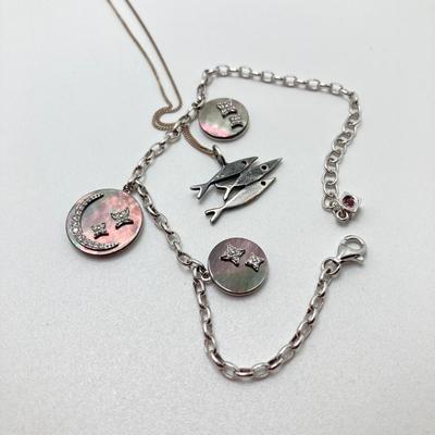 LOT 64: Sterling Jewelry - Double Sided Abalone Bracelet / Anklet with Fish Pendant Necklace
