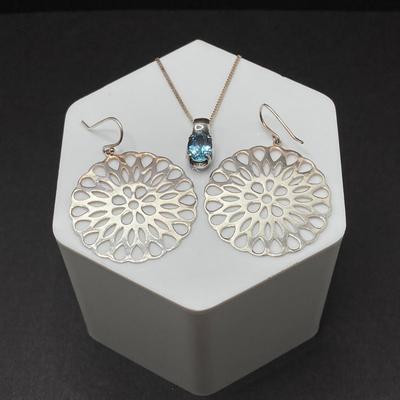 LOT 65: Sterling Silver Jewelry - Blue Stone Pendant Necklace and Dangle Earrings