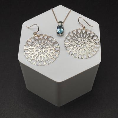 LOT 65: Sterling Silver Jewelry - Blue Stone Pendant Necklace and Dangle Earrings