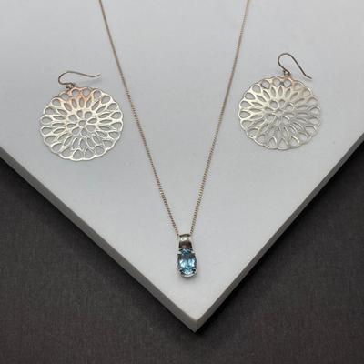 LOT 65: Sterling Silver Jewelry - Blue Stone Pendant Necklace and Dangle Earrings