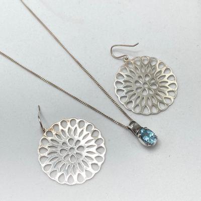 LOT 65: Sterling Silver Jewelry - Blue Stone Pendant Necklace and Dangle Earrings