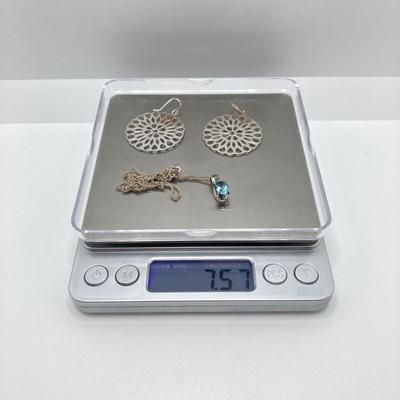 LOT 65: Sterling Silver Jewelry - Blue Stone Pendant Necklace and Dangle Earrings