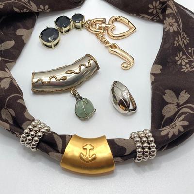 LOT 66: Powell Spinning Double Sided Jewelry Box with Scarf, Scarf Rings and Juicy Couture Key Chain