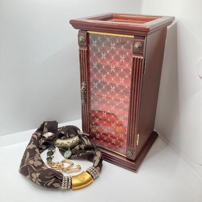 LOT 66: Powell Spinning Double Sided Jewelry Box with Scarf, Scarf Rings and Juicy Couture Key Chain