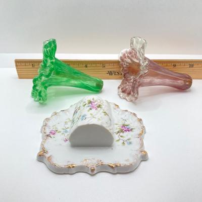 LOT 67: Collezione Glass Line Italy Green Crystal Bottle, Glass Flowers / Shades with Floral Wall Pocket Vase