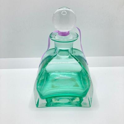 LOT 67: Collezione Glass Line Italy Green Crystal Bottle, Glass Flowers / Shades with Floral Wall Pocket Vase