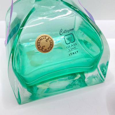 LOT 67: Collezione Glass Line Italy Green Crystal Bottle, Glass Flowers / Shades with Floral Wall Pocket Vase