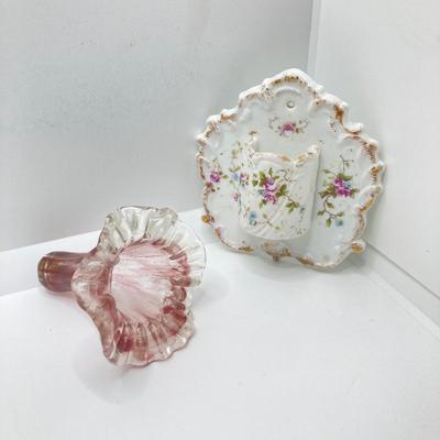 LOT 67: Collezione Glass Line Italy Green Crystal Bottle, Glass Flowers / Shades with Floral Wall Pocket Vase