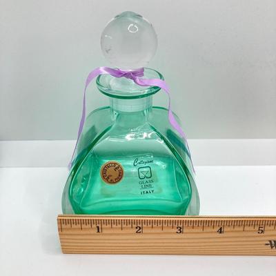 LOT 67: Collezione Glass Line Italy Green Crystal Bottle, Glass Flowers / Shades with Floral Wall Pocket Vase