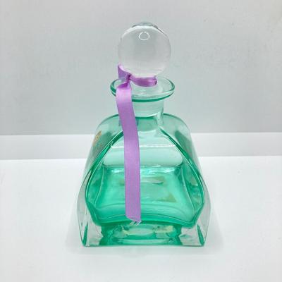 LOT 67: Collezione Glass Line Italy Green Crystal Bottle, Glass Flowers / Shades with Floral Wall Pocket Vase