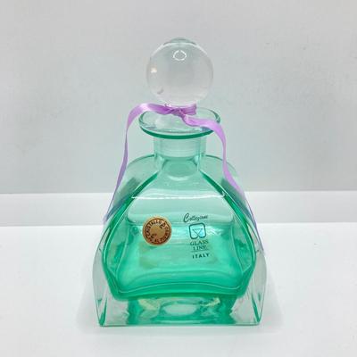 LOT 67: Collezione Glass Line Italy Green Crystal Bottle, Glass Flowers / Shades with Floral Wall Pocket Vase