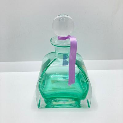 LOT 67: Collezione Glass Line Italy Green Crystal Bottle, Glass Flowers / Shades with Floral Wall Pocket Vase