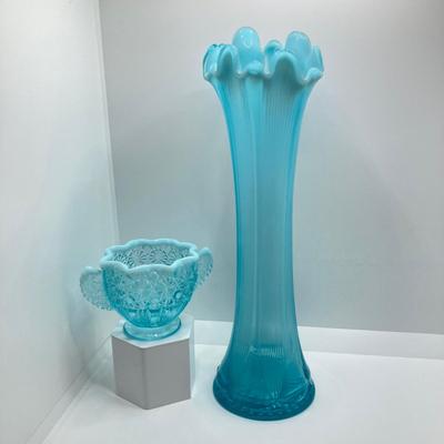LOT 69: Gorgeous Light Blue Art Glass - Jefferson Glass Lined Vase and Daisy & Button Sugar Bowl