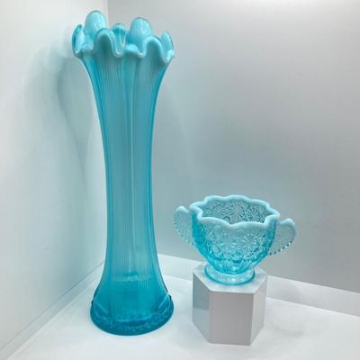 LOT 69: Gorgeous Light Blue Art Glass - Jefferson Glass Lined Vase and Daisy & Button Sugar Bowl