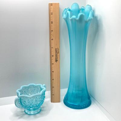 LOT 69: Gorgeous Light Blue Art Glass - Jefferson Glass Lined Vase and Daisy & Button Sugar Bowl