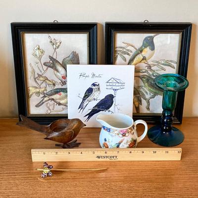 LOT 73: Pair of Three Dimensional Embossed Framed Artwork with Painted Tile, Blue - Green Glass Candle Stick Holder, Metal Bird Tea Light...