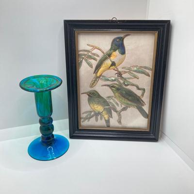 LOT 73: Pair of Three Dimensional Embossed Framed Artwork with Painted Tile, Blue - Green Glass Candle Stick Holder, Metal Bird Tea Light...