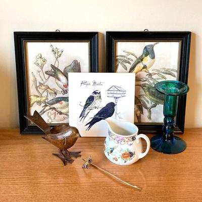 LOT 73: Pair of Three Dimensional Embossed Framed Artwork with Painted Tile, Blue - Green Glass Candle Stick Holder, Metal Bird Tea Light...