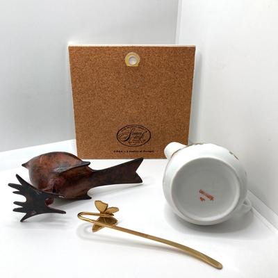 LOT 73: Pair of Three Dimensional Embossed Framed Artwork with Painted Tile, Blue - Green Glass Candle Stick Holder, Metal Bird Tea Light...