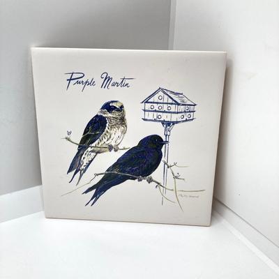 LOT 73: Pair of Three Dimensional Embossed Framed Artwork with Painted Tile, Blue - Green Glass Candle Stick Holder, Metal Bird Tea Light...