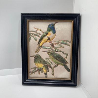 LOT 73: Pair of Three Dimensional Embossed Framed Artwork with Painted Tile, Blue - Green Glass Candle Stick Holder, Metal Bird Tea Light...
