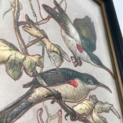 LOT 73: Pair of Three Dimensional Embossed Framed Artwork with Painted Tile, Blue - Green Glass Candle Stick Holder, Metal Bird Tea Light...