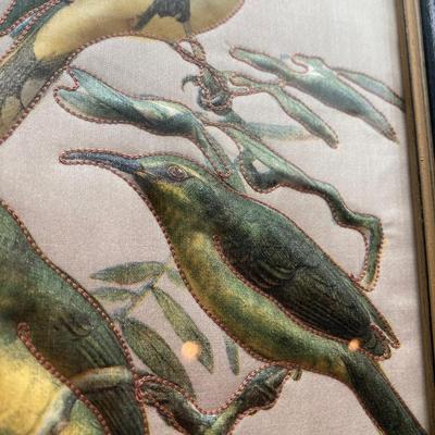 LOT 73: Pair of Three Dimensional Embossed Framed Artwork with Painted Tile, Blue - Green Glass Candle Stick Holder, Metal Bird Tea Light...