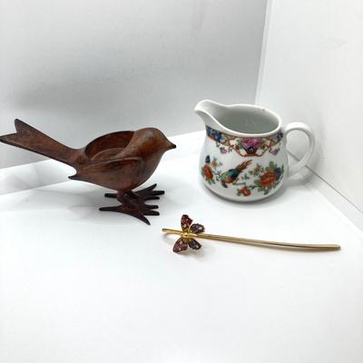 LOT 73: Pair of Three Dimensional Embossed Framed Artwork with Painted Tile, Blue - Green Glass Candle Stick Holder, Metal Bird Tea Light...