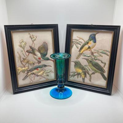 LOT 73: Pair of Three Dimensional Embossed Framed Artwork with Painted Tile, Blue - Green Glass Candle Stick Holder, Metal Bird Tea Light...