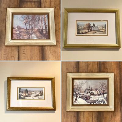 LOT 74: Framed Art Work Collection - Saunders "Daydreams", "Coming Home" with Pair of Rustic Metallic Landscapes