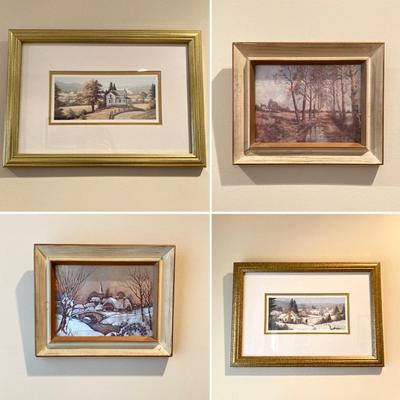 LOT 74: Framed Art Work Collection - Saunders "Daydreams", "Coming Home" with Pair of Rustic Metallic Landscapes