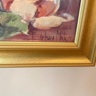 LOT 75: Wooden Storage Cabinet with Framed Magnolia Floral Artwork by Barbara Mock