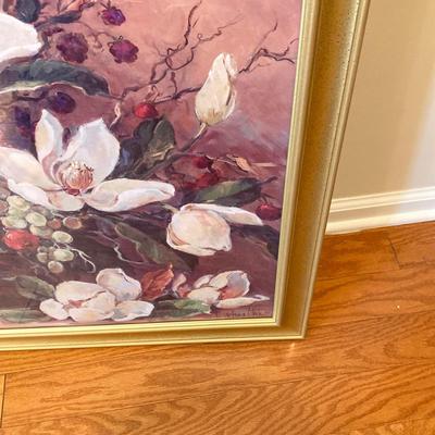 LOT 75: Wooden Storage Cabinet with Framed Magnolia Floral Artwork by Barbara Mock