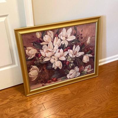 LOT 75: Wooden Storage Cabinet with Framed Magnolia Floral Artwork by Barbara Mock