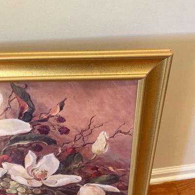 LOT 75: Wooden Storage Cabinet with Framed Magnolia Floral Artwork by Barbara Mock