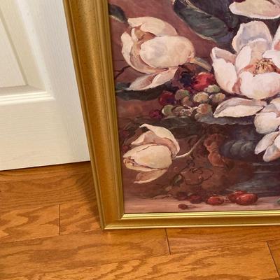 LOT 75: Wooden Storage Cabinet with Framed Magnolia Floral Artwork by Barbara Mock