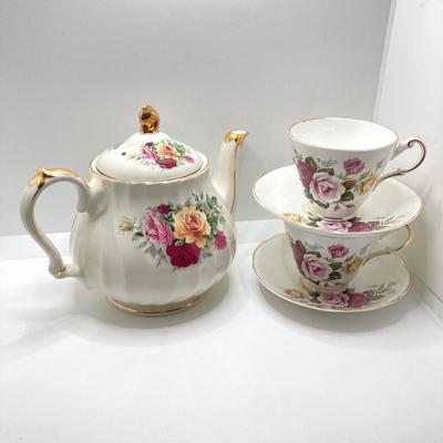 LOT 77: Beautiful Tea Pot with Collection of Tea Cups and Plates (Sadler, Regency England, English Staffordshire, Belle Fiore, Gardenia...