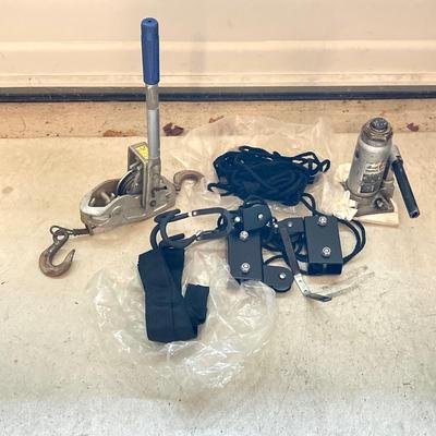 LOT 81: Lug All Hoist, Sears Hydraulic Hand Jack and Bike / Kayak Hoist Pulleys