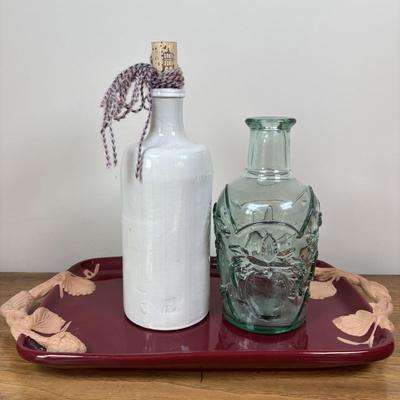 LOT 83: Kitchen Decor & More: Tracy Porter Chicken Figures, Green Drip Glaze Mugs, MKM Pottery Bottle, Stoneware Pitcher,...