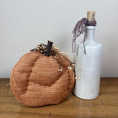 LOT 83: Kitchen Decor & More: Tracy Porter Chicken Figures, Green Drip Glaze Mugs, MKM Pottery Bottle, Stoneware Pitcher,...