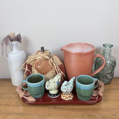 LOT 83: Kitchen Decor & More: Tracy Porter Chicken Figures, Green Drip Glaze Mugs, MKM Pottery Bottle, Stoneware Pitcher,...