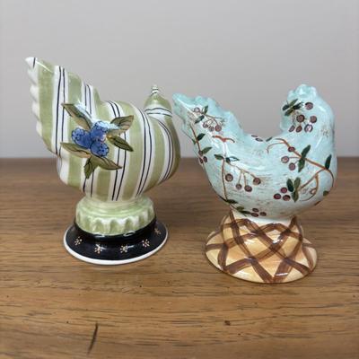 LOT 83: Kitchen Decor & More: Tracy Porter Chicken Figures, Green Drip Glaze Mugs, MKM Pottery Bottle, Stoneware Pitcher,...
