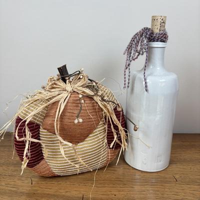 LOT 83: Kitchen Decor & More: Tracy Porter Chicken Figures, Green Drip Glaze Mugs, MKM Pottery Bottle, Stoneware Pitcher,...