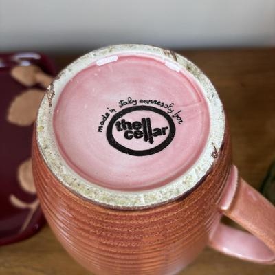 LOT 83: Kitchen Decor & More: Tracy Porter Chicken Figures, Green Drip Glaze Mugs, MKM Pottery Bottle, Stoneware Pitcher,...