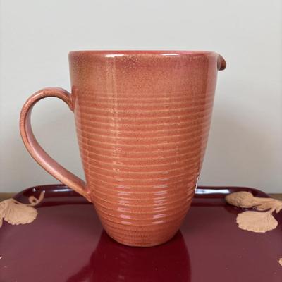 LOT 83: Kitchen Decor & More: Tracy Porter Chicken Figures, Green Drip Glaze Mugs, MKM Pottery Bottle, Stoneware Pitcher,...