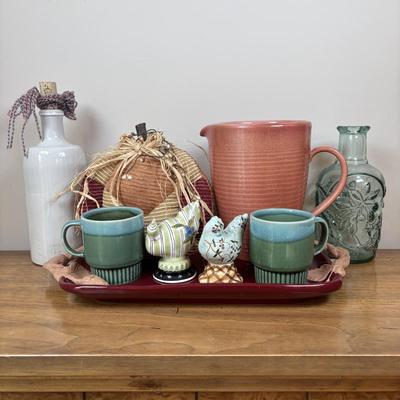 LOT 83: Kitchen Decor & More: Tracy Porter Chicken Figures, Green Drip Glaze Mugs, MKM Pottery Bottle, Stoneware Pitcher,...