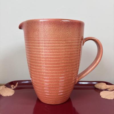 LOT 83: Kitchen Decor & More: Tracy Porter Chicken Figures, Green Drip Glaze Mugs, MKM Pottery Bottle, Stoneware Pitcher,...