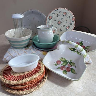 LOT 84: Vintage Fruit Serving Dish, Made in England Small Mixing Bowl, Johnson Brothers Plate, Fiesta Ware Bowl, Woven Hot Pads & More