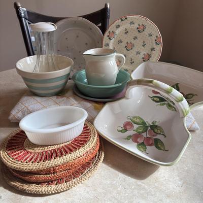 LOT 84: Vintage Fruit Serving Dish, Made in England Small Mixing Bowl, Johnson Brothers Plate, Fiesta Ware Bowl, Woven Hot Pads & More